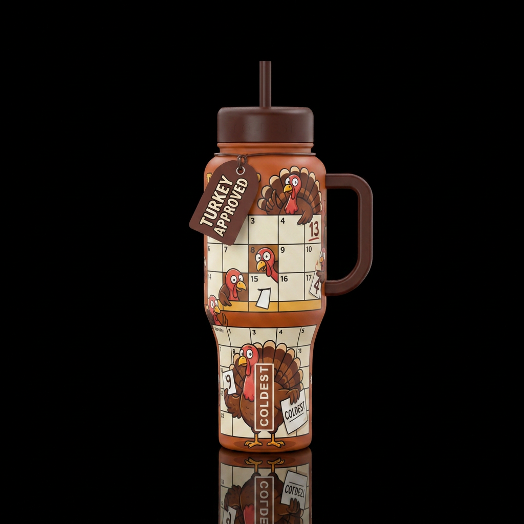 Cartoon turkeys hiding the calendar water bottle design