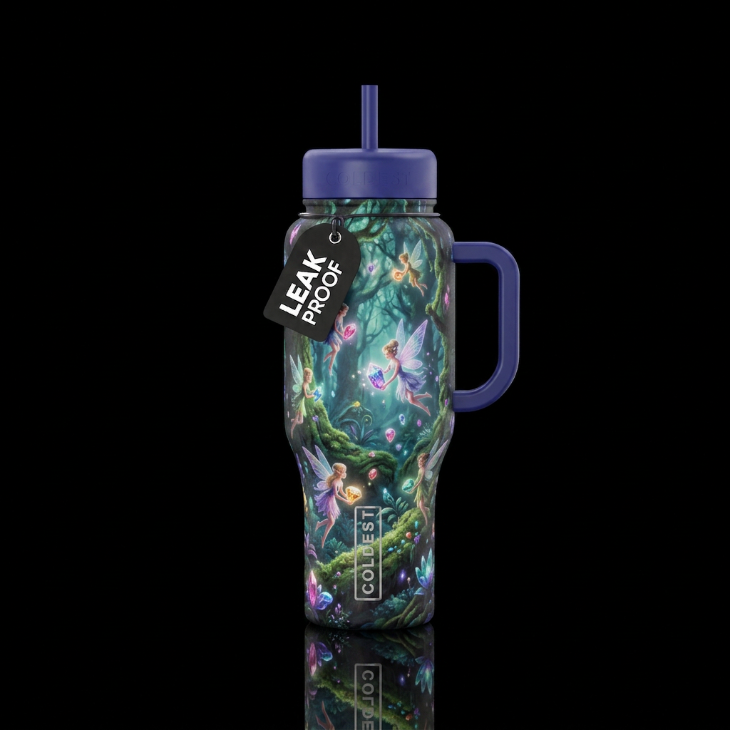 Fairies flying through forest collecting gems glow... water bottle design