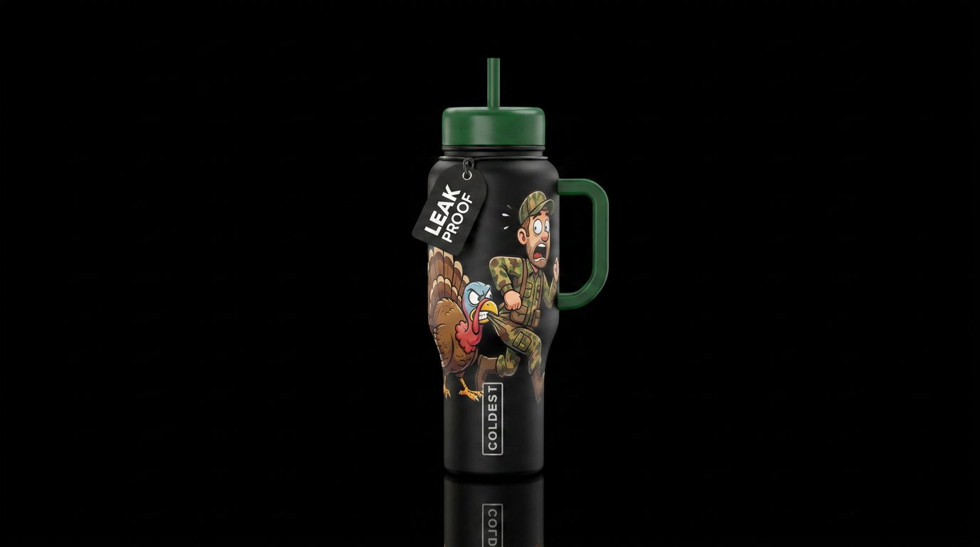 Cartoon turkey biting Hunter on the butt water bottle design