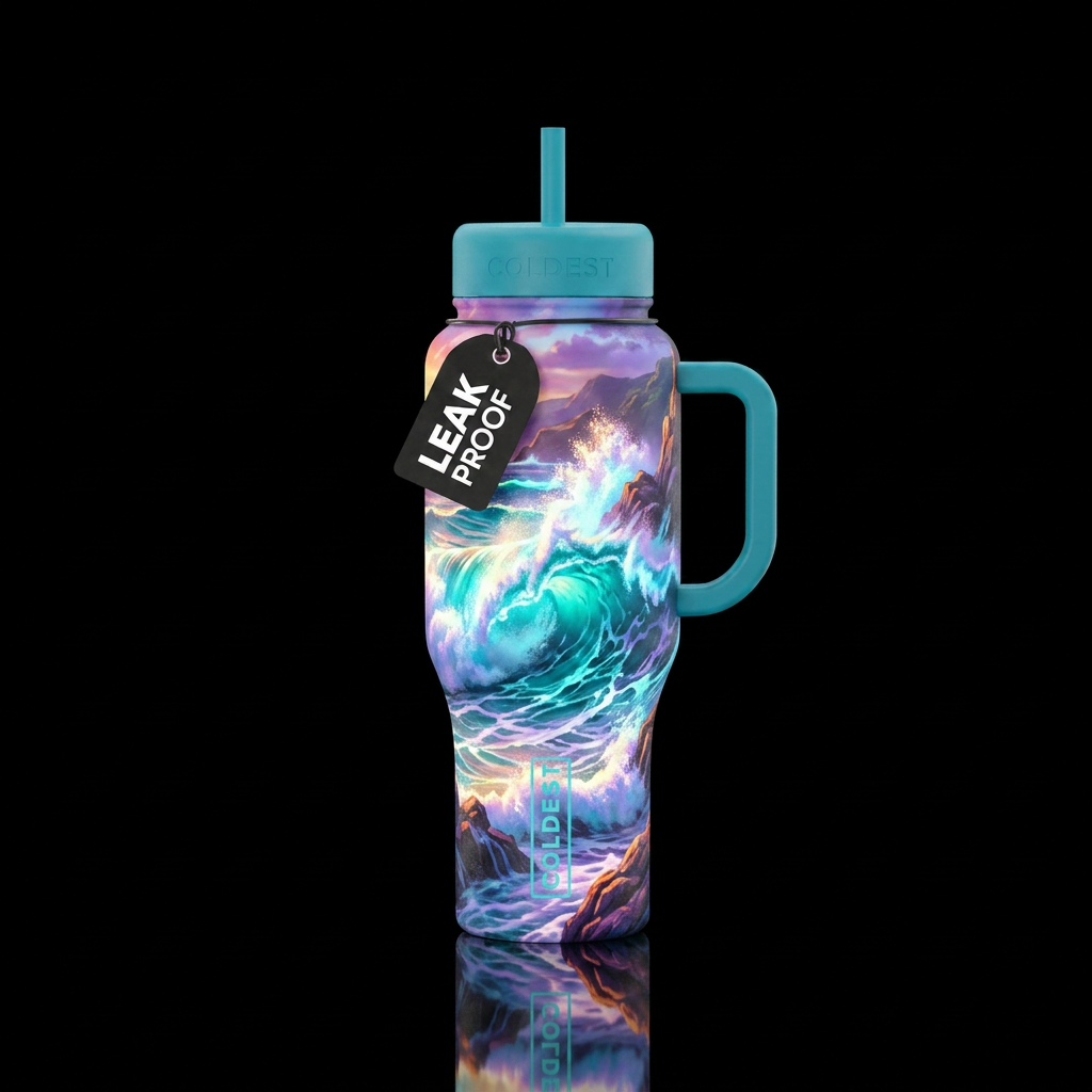 Waves crashing on rocks glowie water bottle design