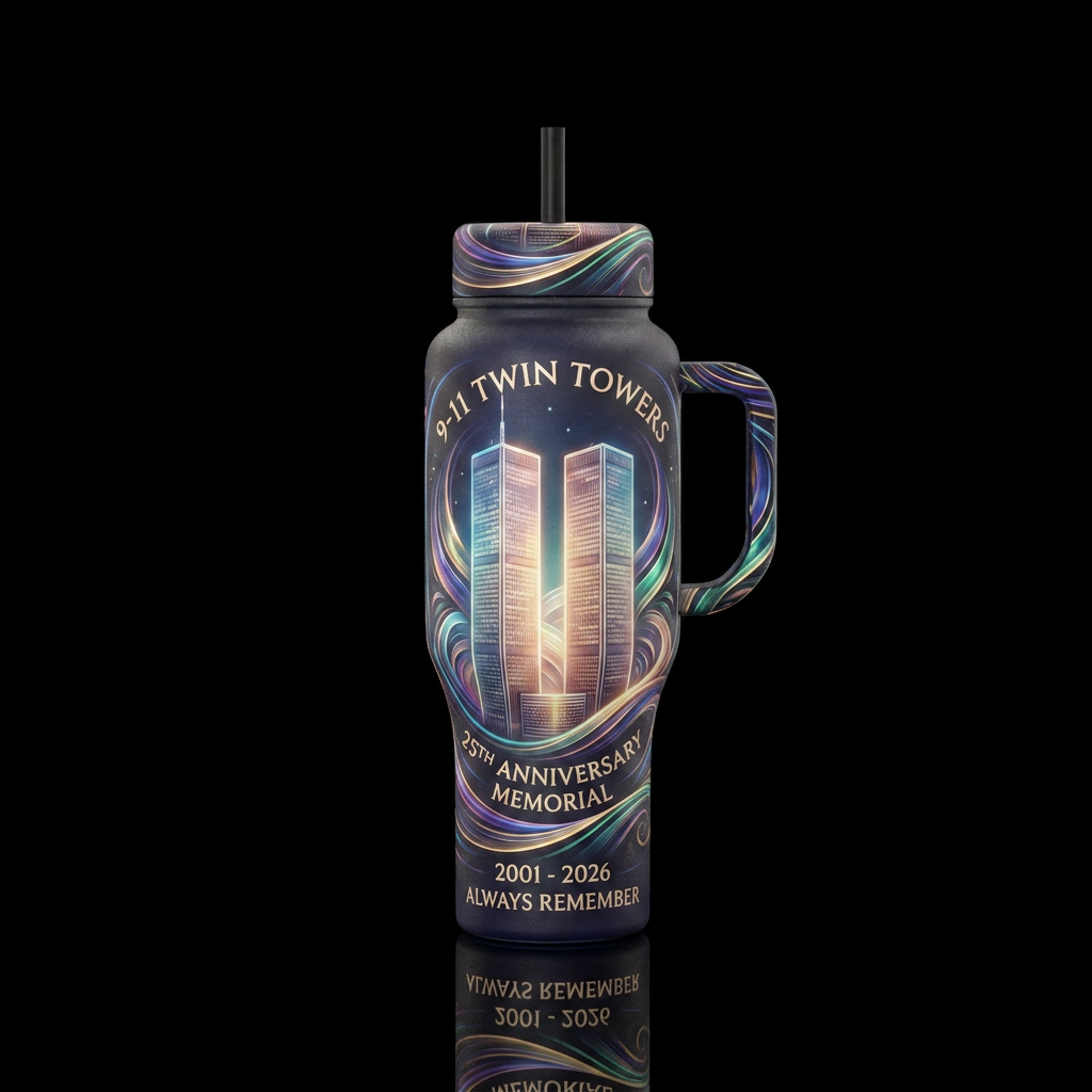 9-11 twin towers 25th anniversary glowie water bottle design