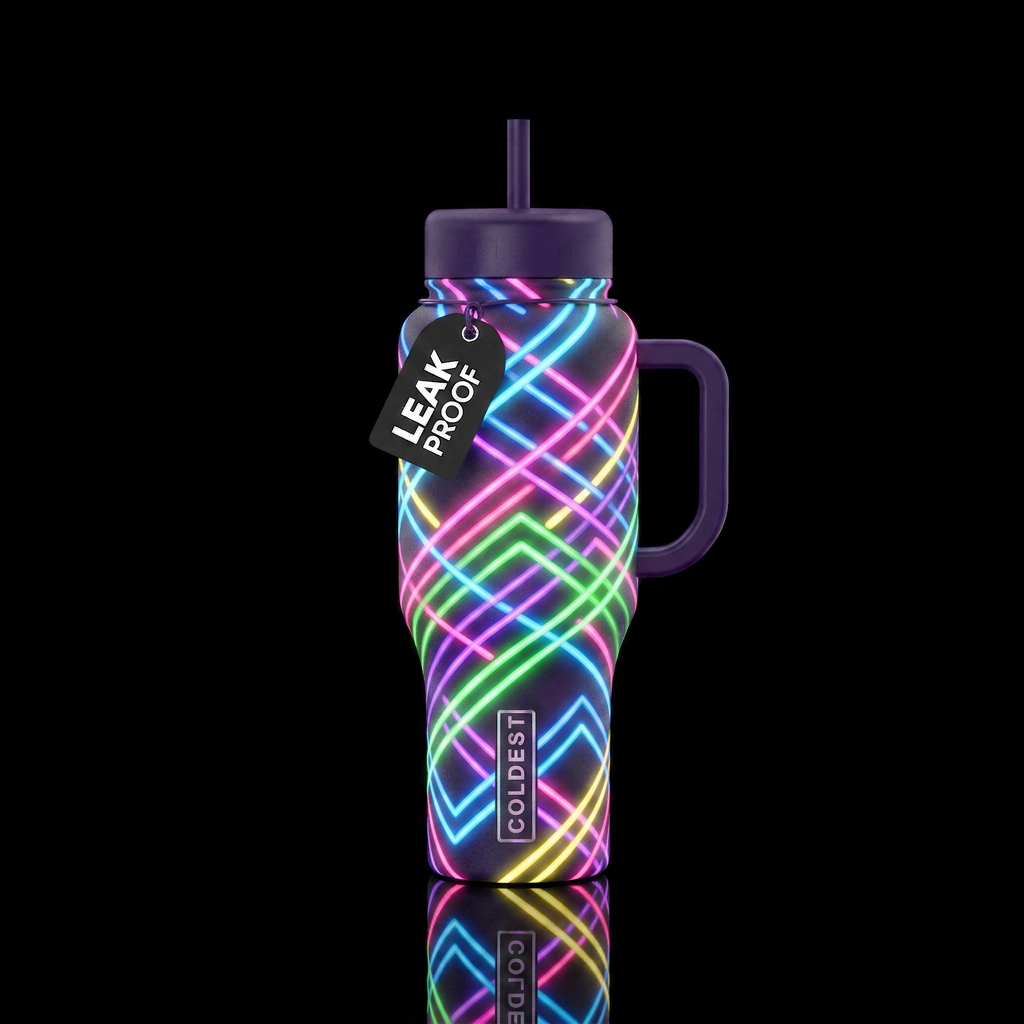 Glowie intertwined colorful zigzags, neon water bottle design