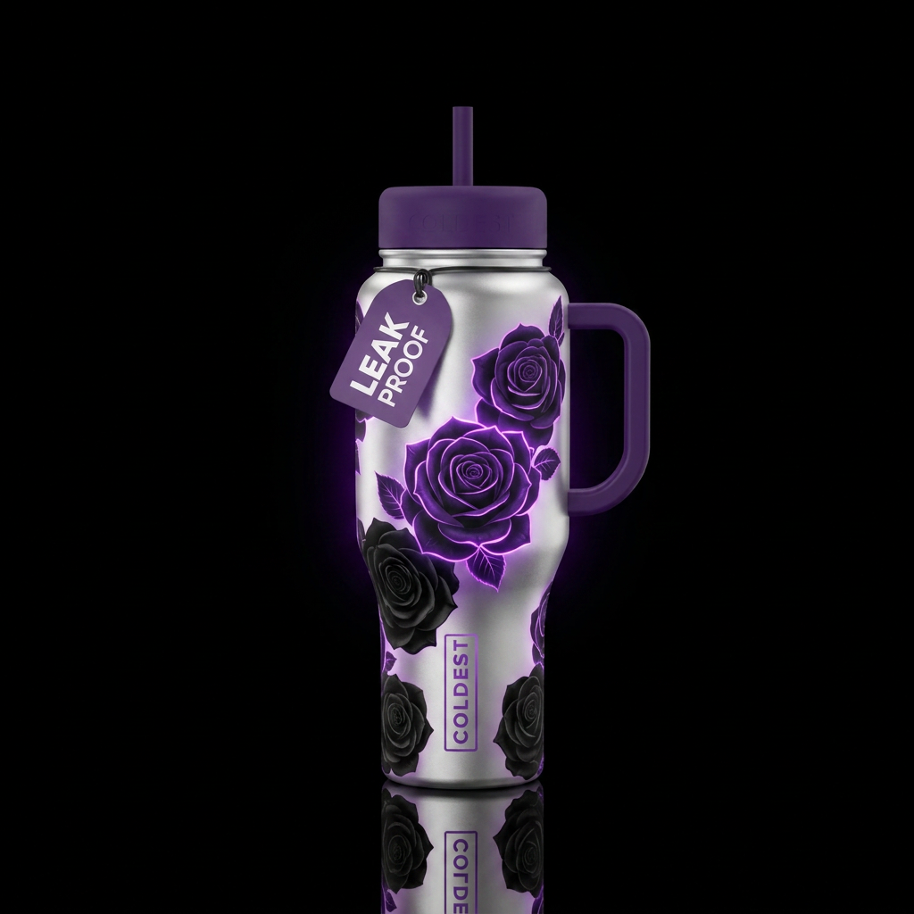Silver cup  black and purple rosesglowie water bottle design