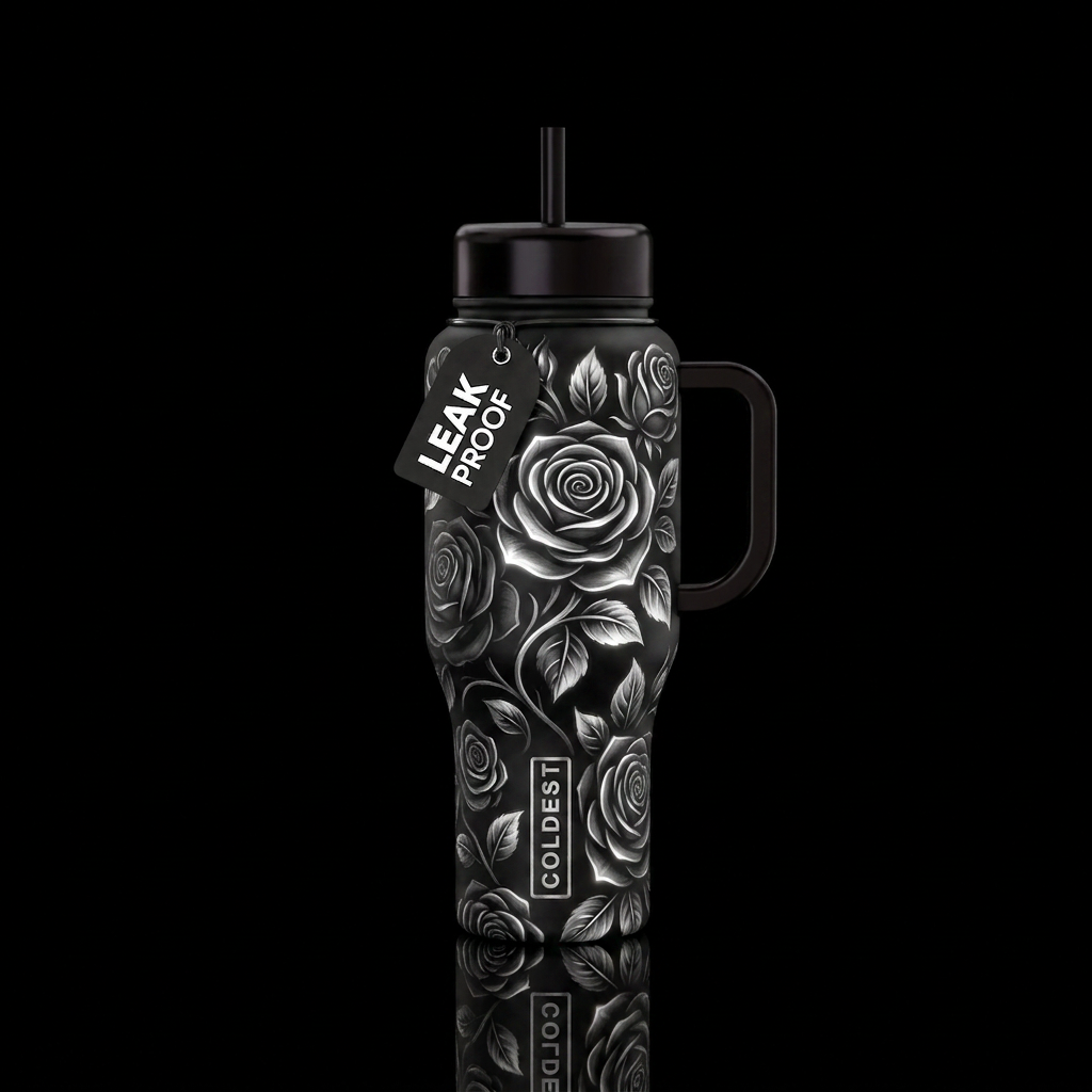 Black and silver roses glowie water bottle design