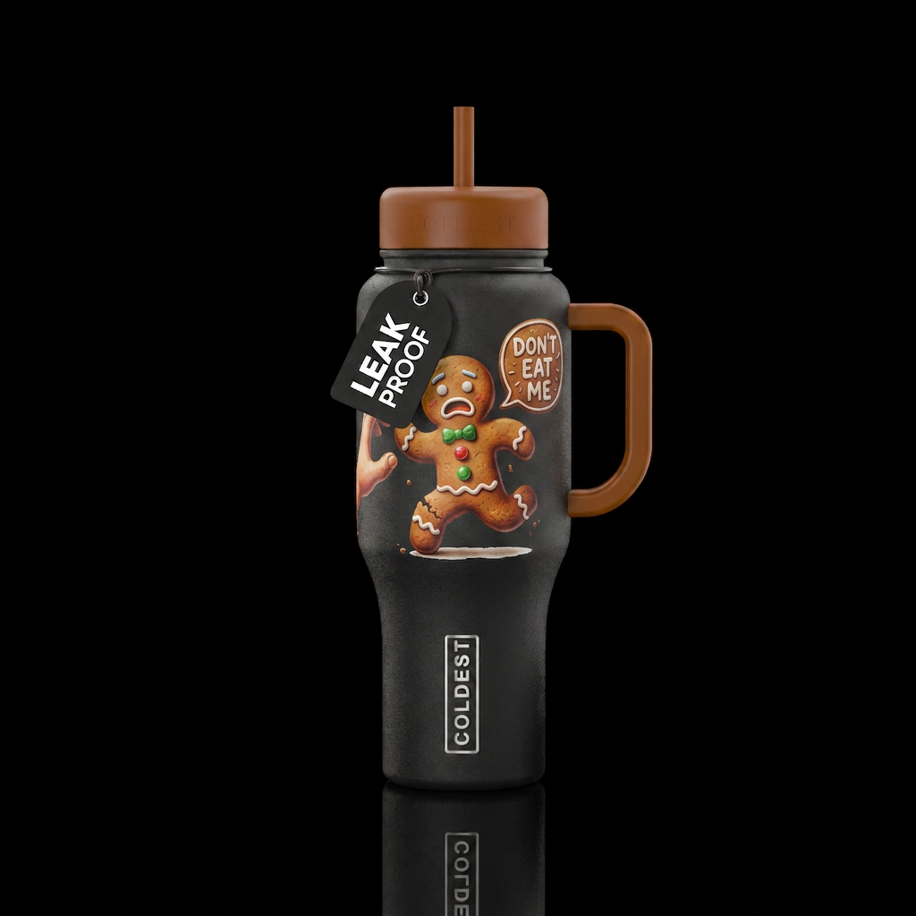 Gingerbread man missing a leg running away yelling... water bottle design