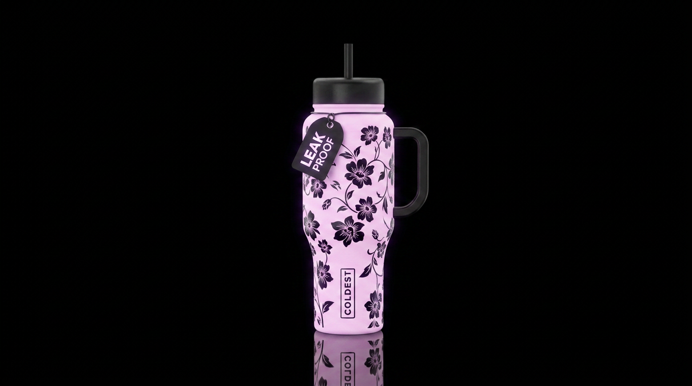 Light pink cup with jet black flowers and vines gl... water bottle design