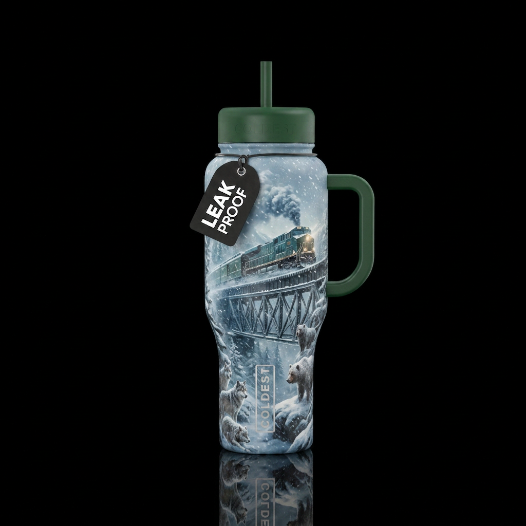 Train going over bridge in blizzard while wild ani... water bottle design