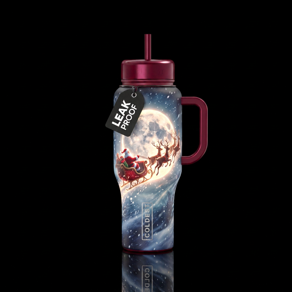 Santa's and his reindeer and and sled sled  flying... water bottle design