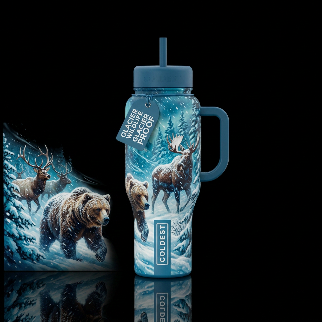 Glacier park wildlife roaming in snow storm water bottle design