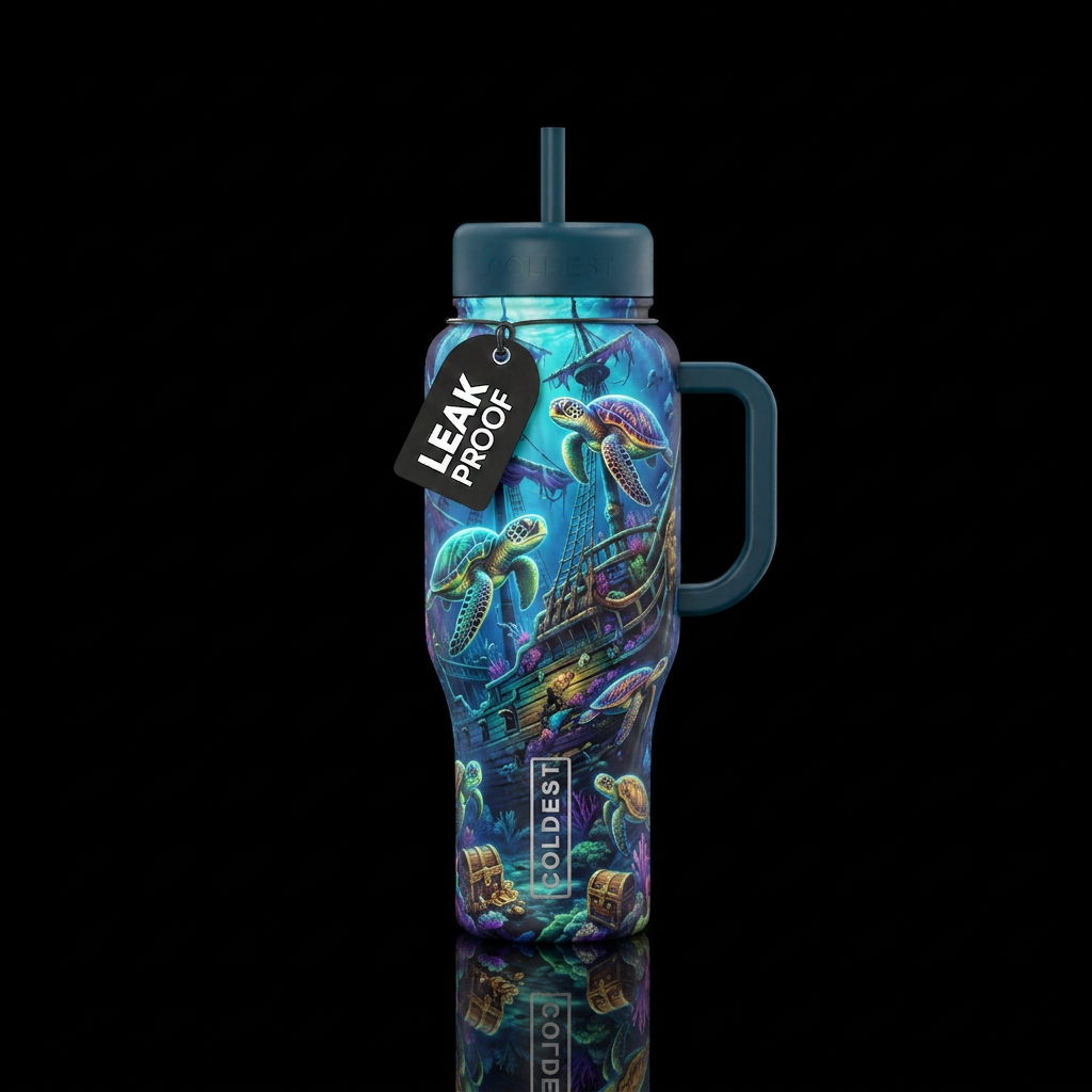 Turtles swimming through sunken ship glowie water bottle design