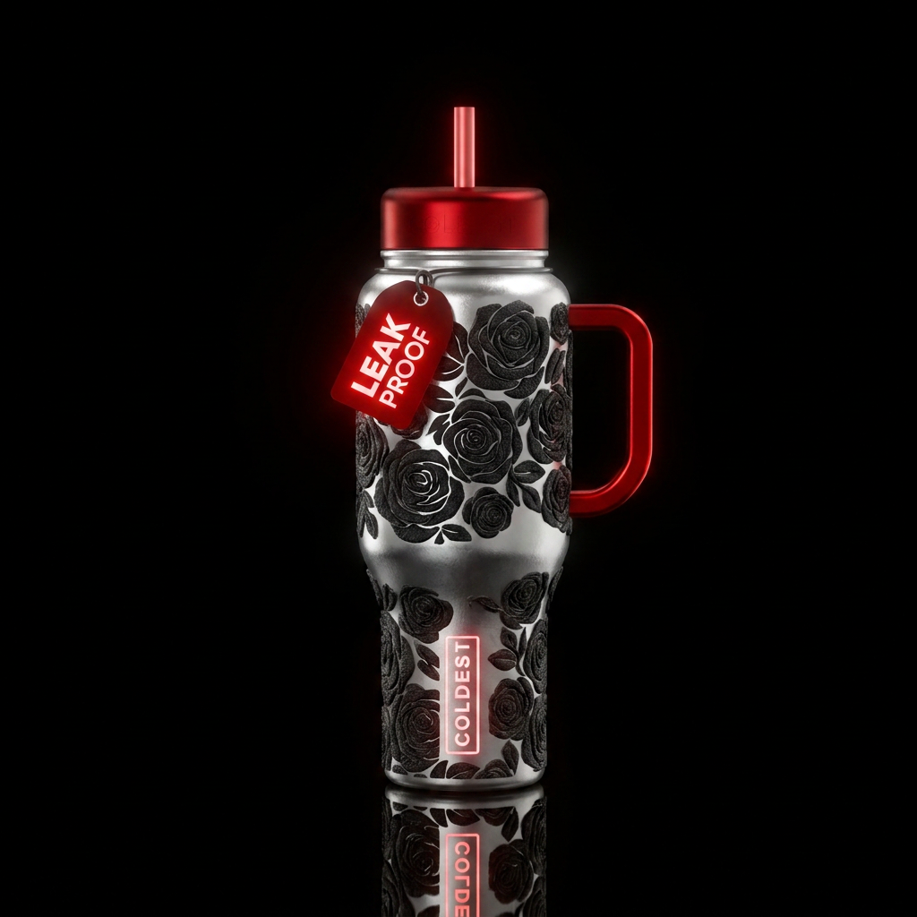 Black textured roses on Silver bottle with red han... water bottle design