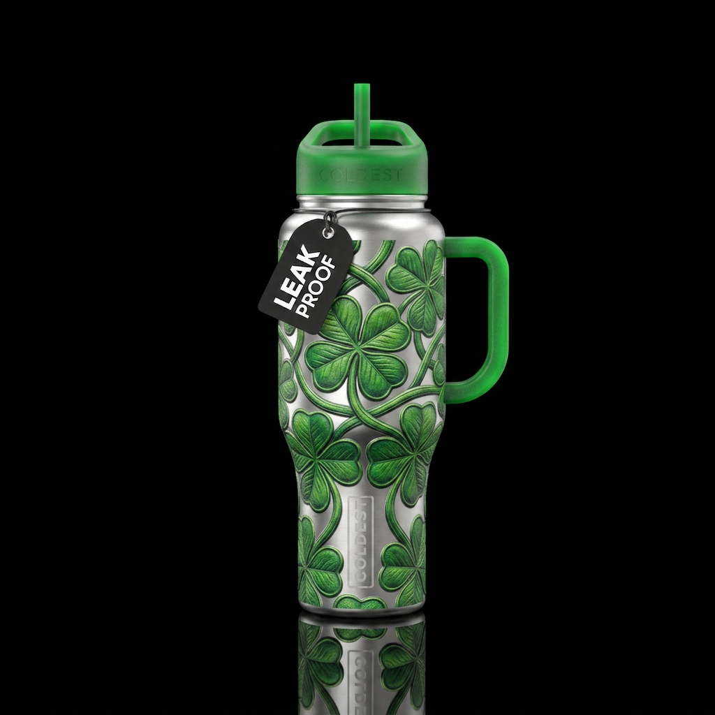 Textured Four leaf clovers intertwined on silver c... water bottle design