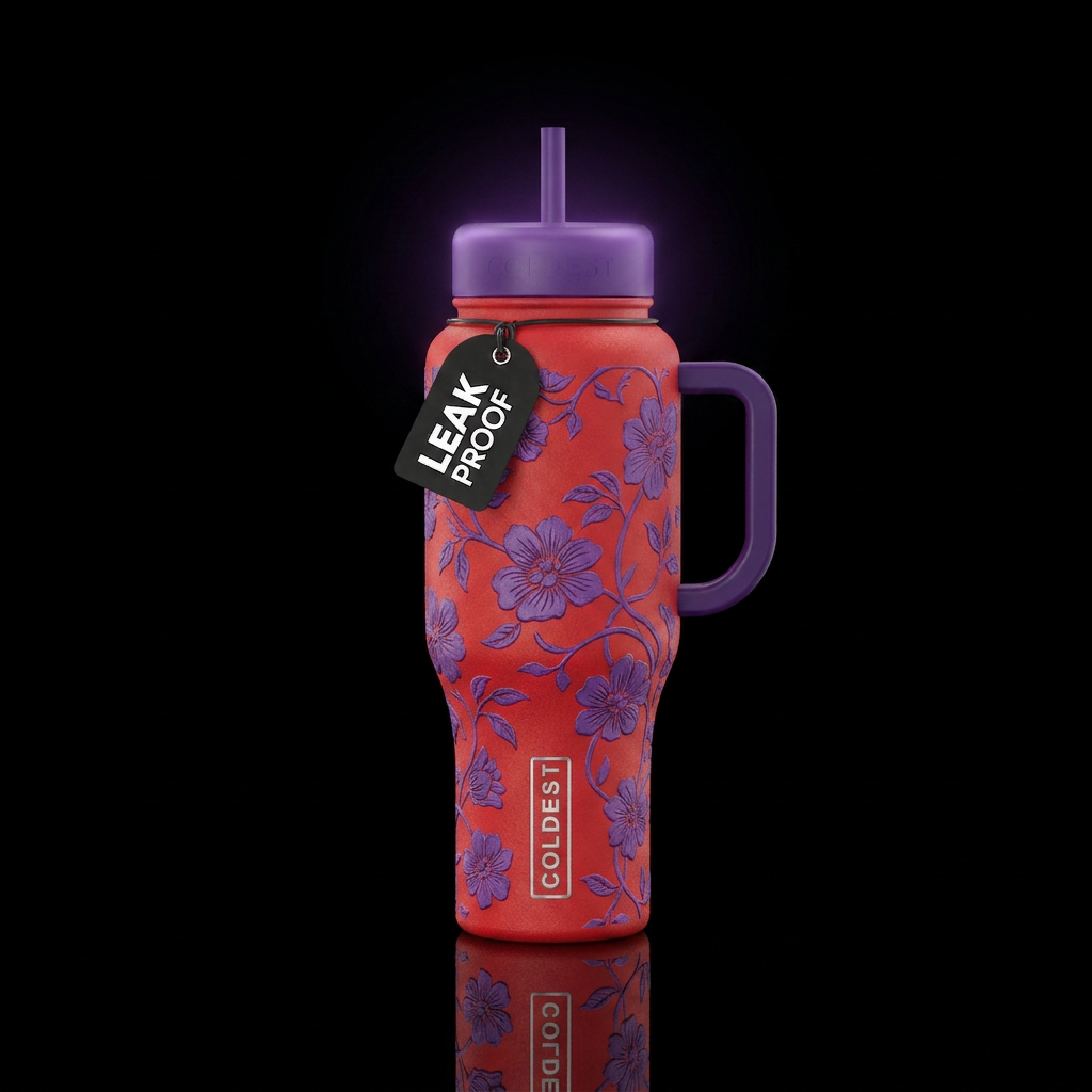 Textured purple flowers and vines on red cups with... water bottle design