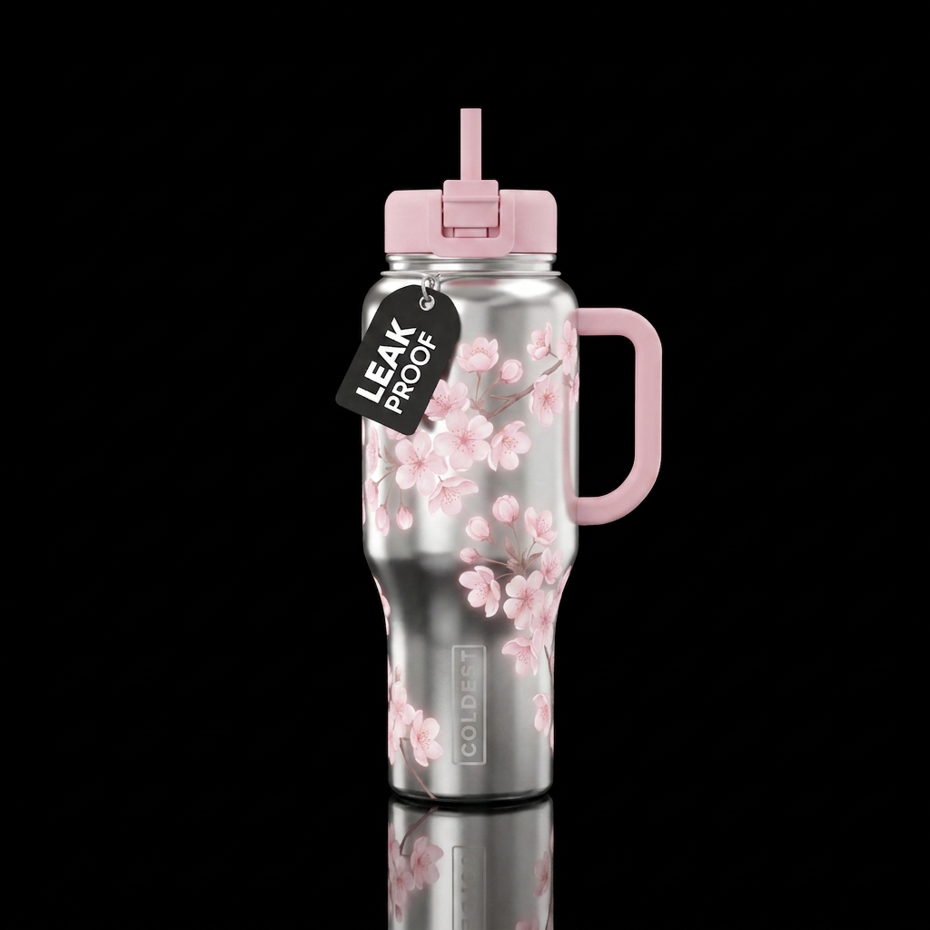 Silver cup light pink apple blossoms glowie water bottle design