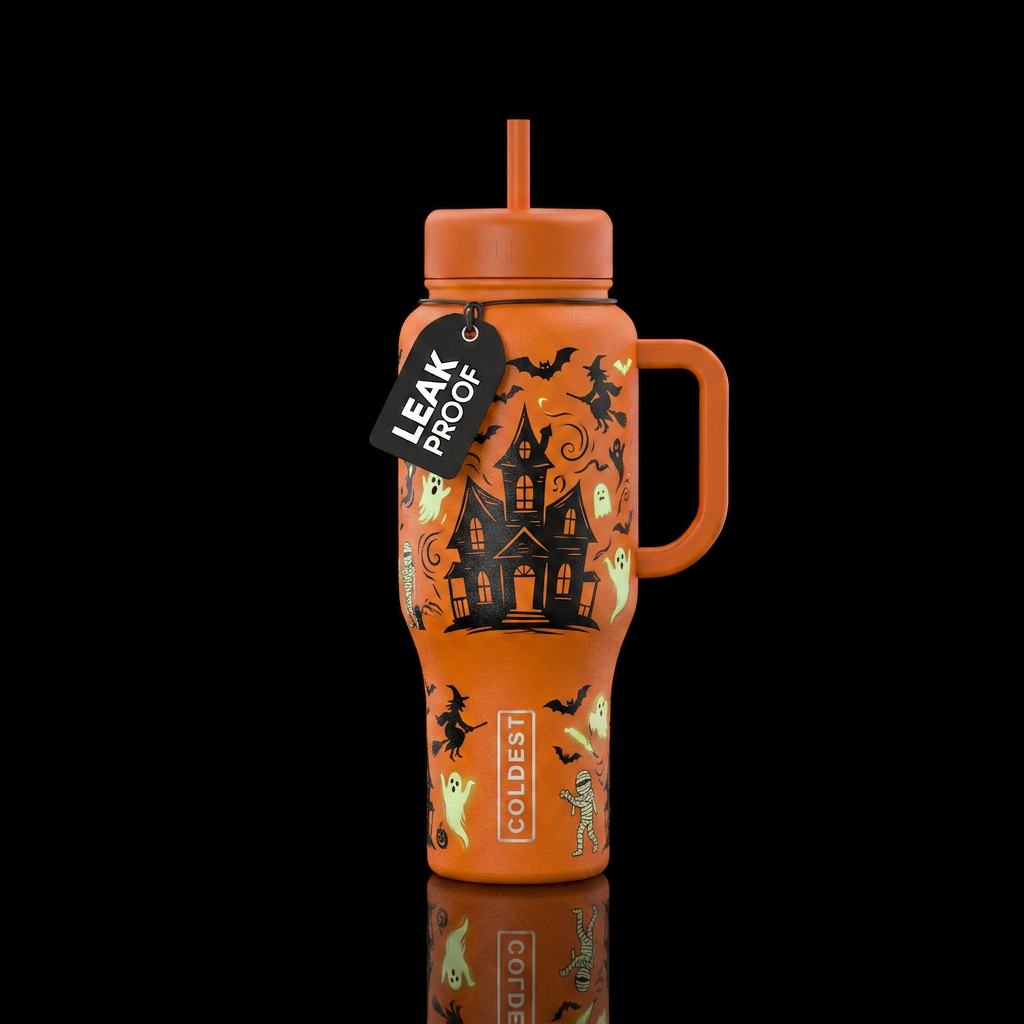 Orange cup with black haunted house with vampire b... water bottle design