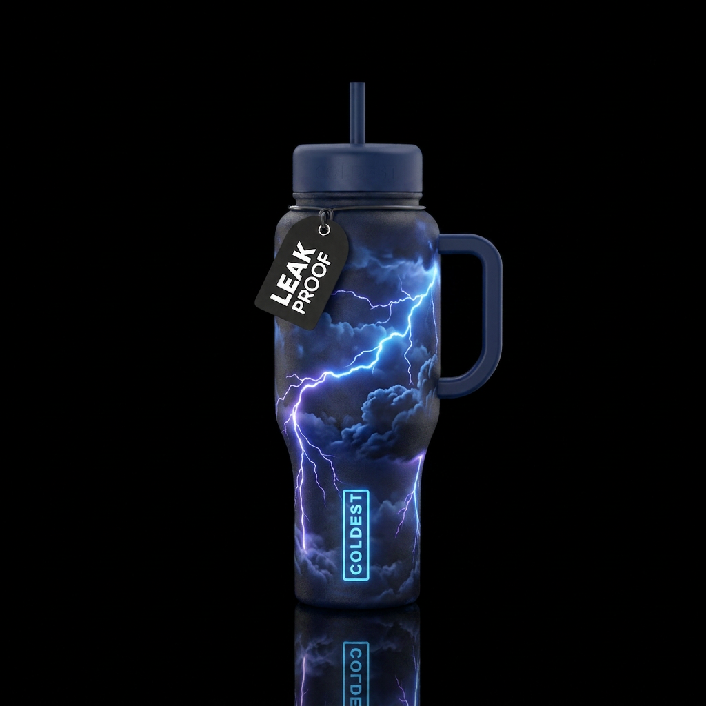 Dark blue cup with dark clouds and lightning storm... water bottle design