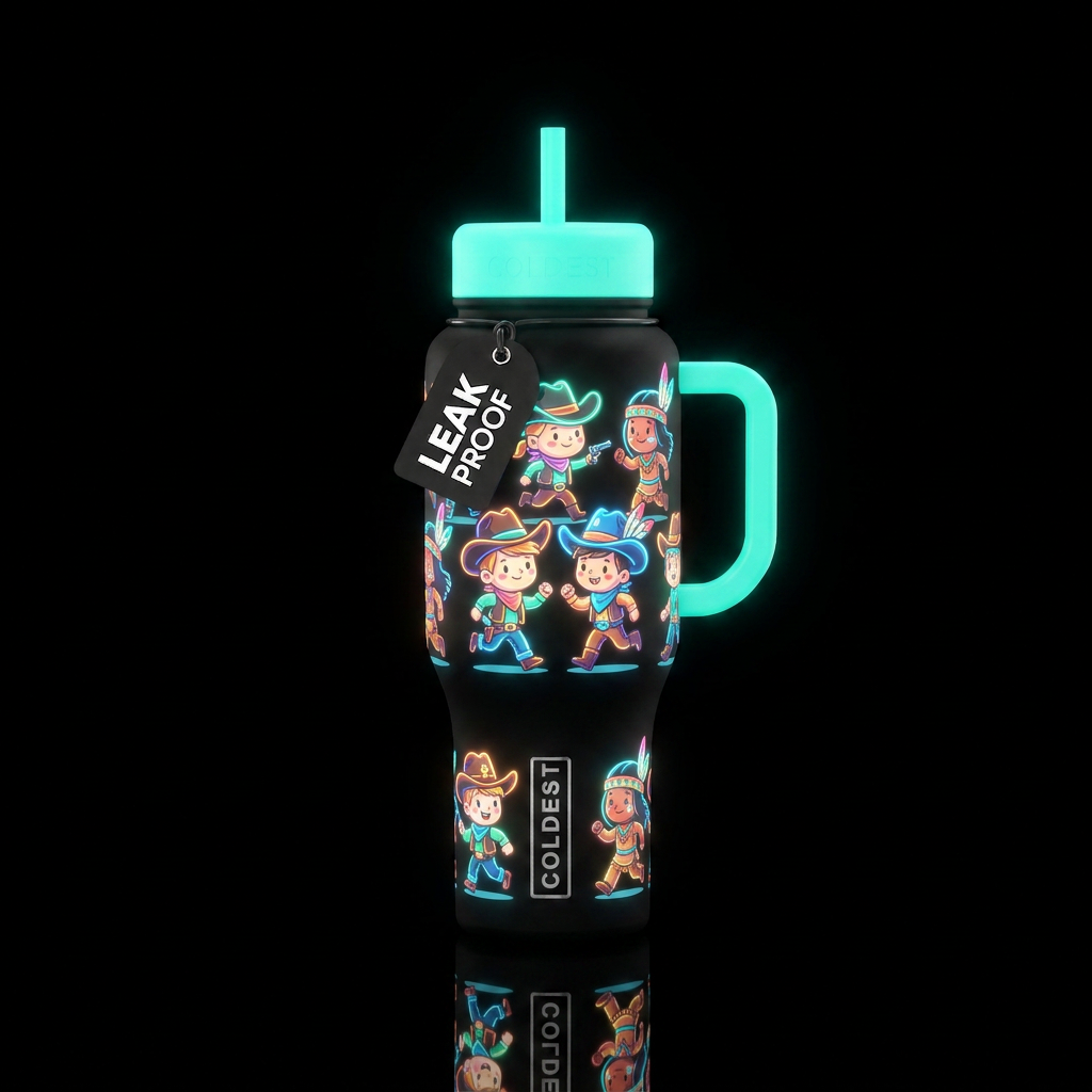 Cartoon kids playing cowboy and Indians glowie water bottle design