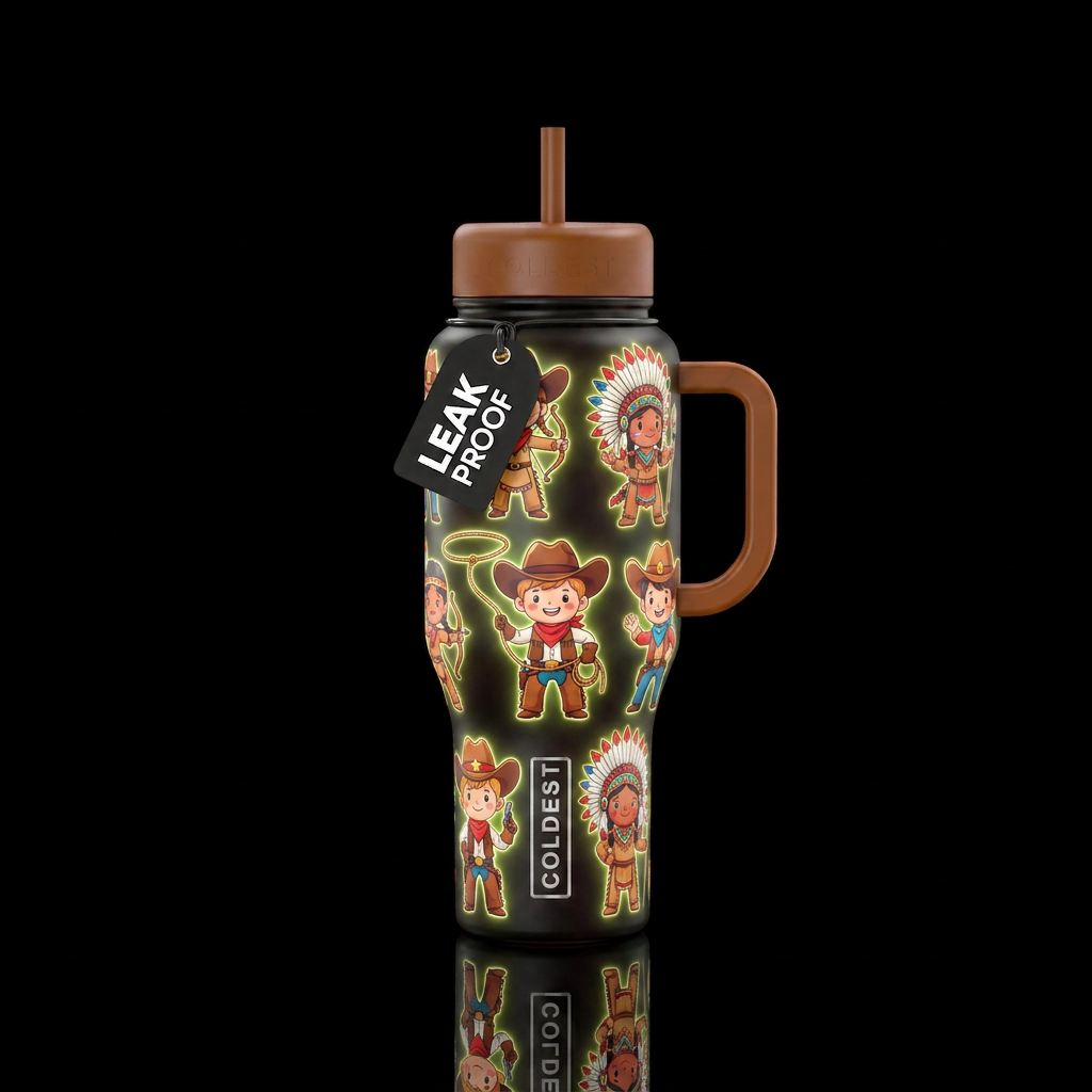 Cartoon kids playing cowboy and Indians glowie water bottle design