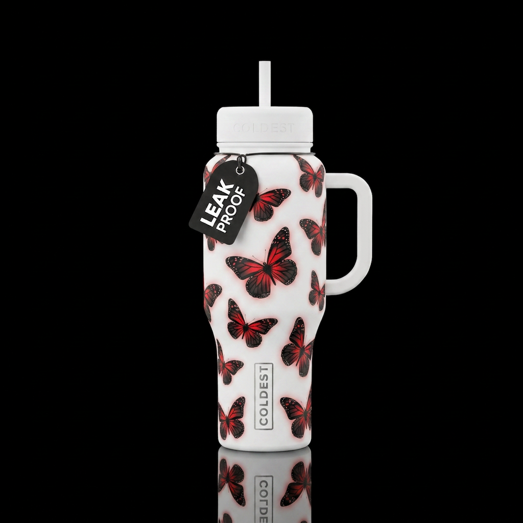 White cup with black and red butterflies glowie water bottle design
