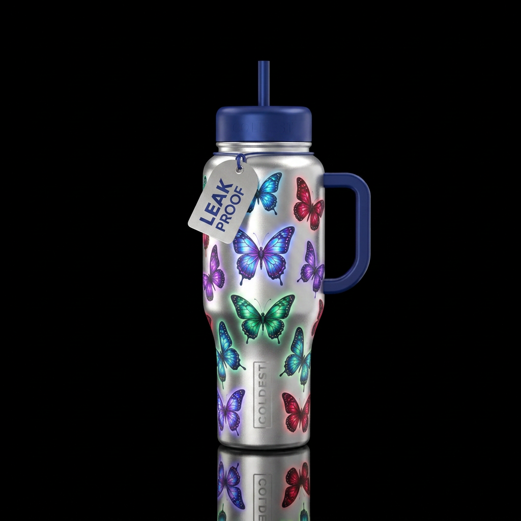 Silver cup butterflies glowie water bottle design