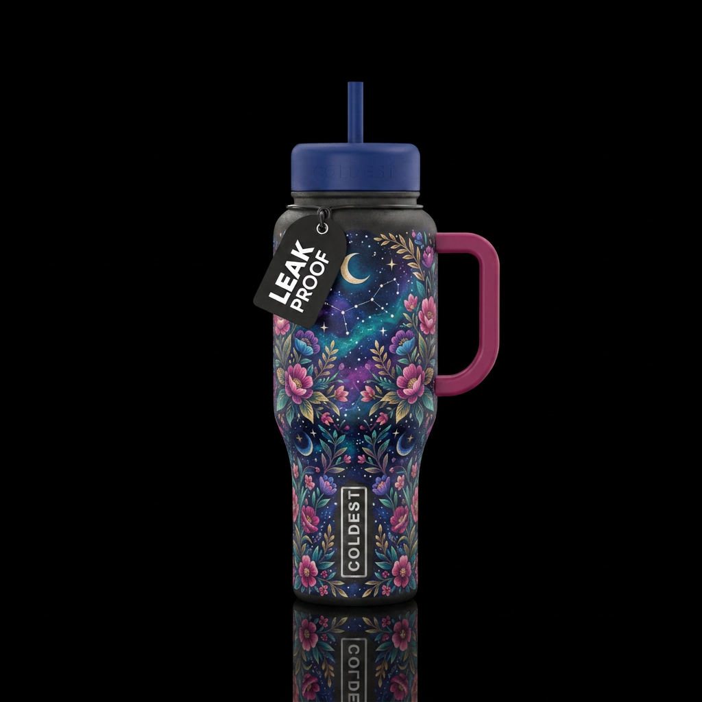 Mirroring night skies floral water bottle design