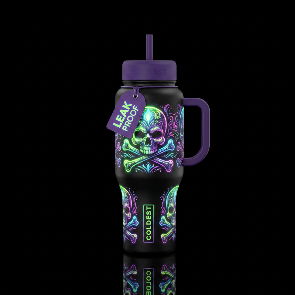Skull and crossbones glowie water bottle design