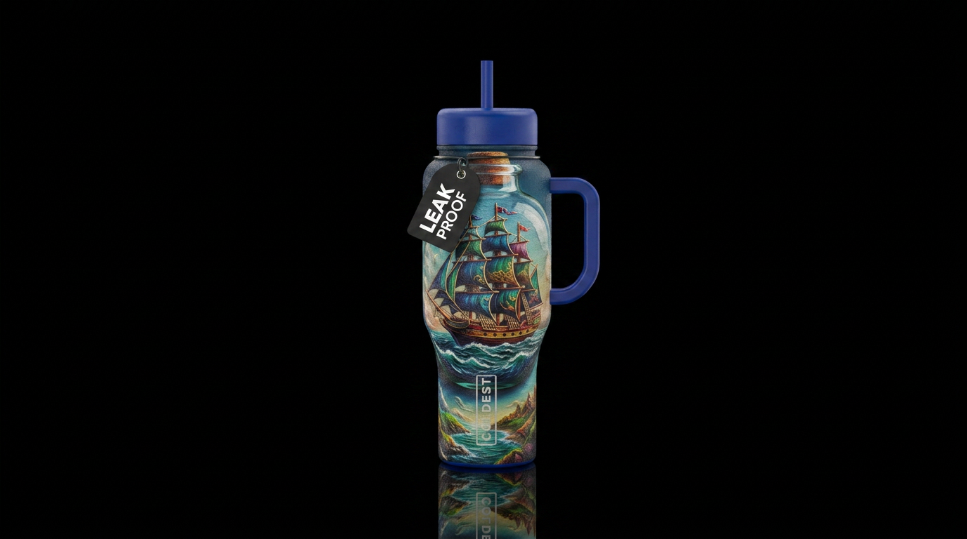 Textured ship in a bottle water bottle design