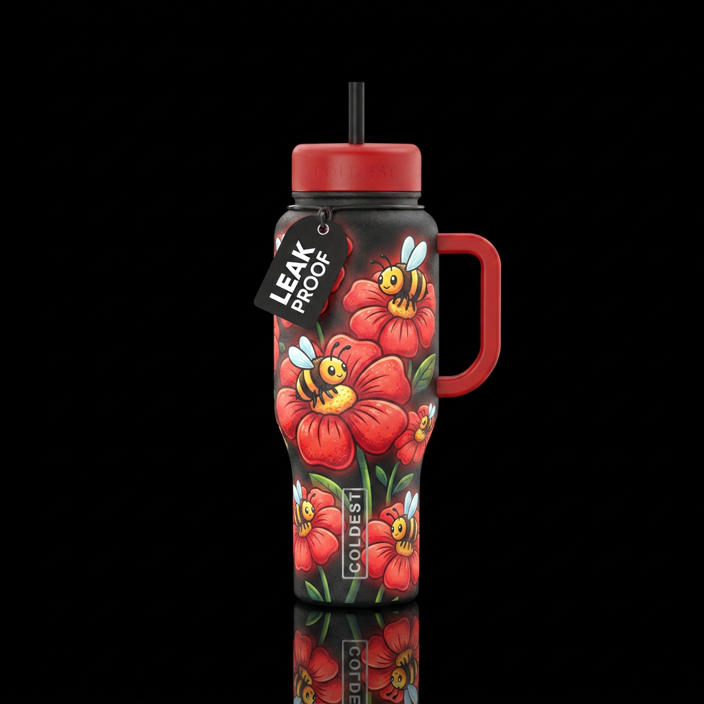 Textured red cup cartoon bees feasting on the flow... water bottle design