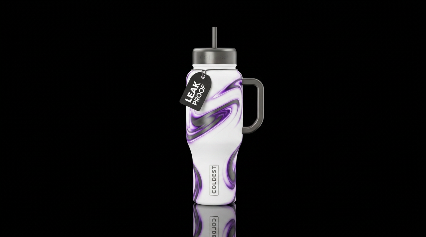White cup with gunmetal and purple swirls glowie water bottle design