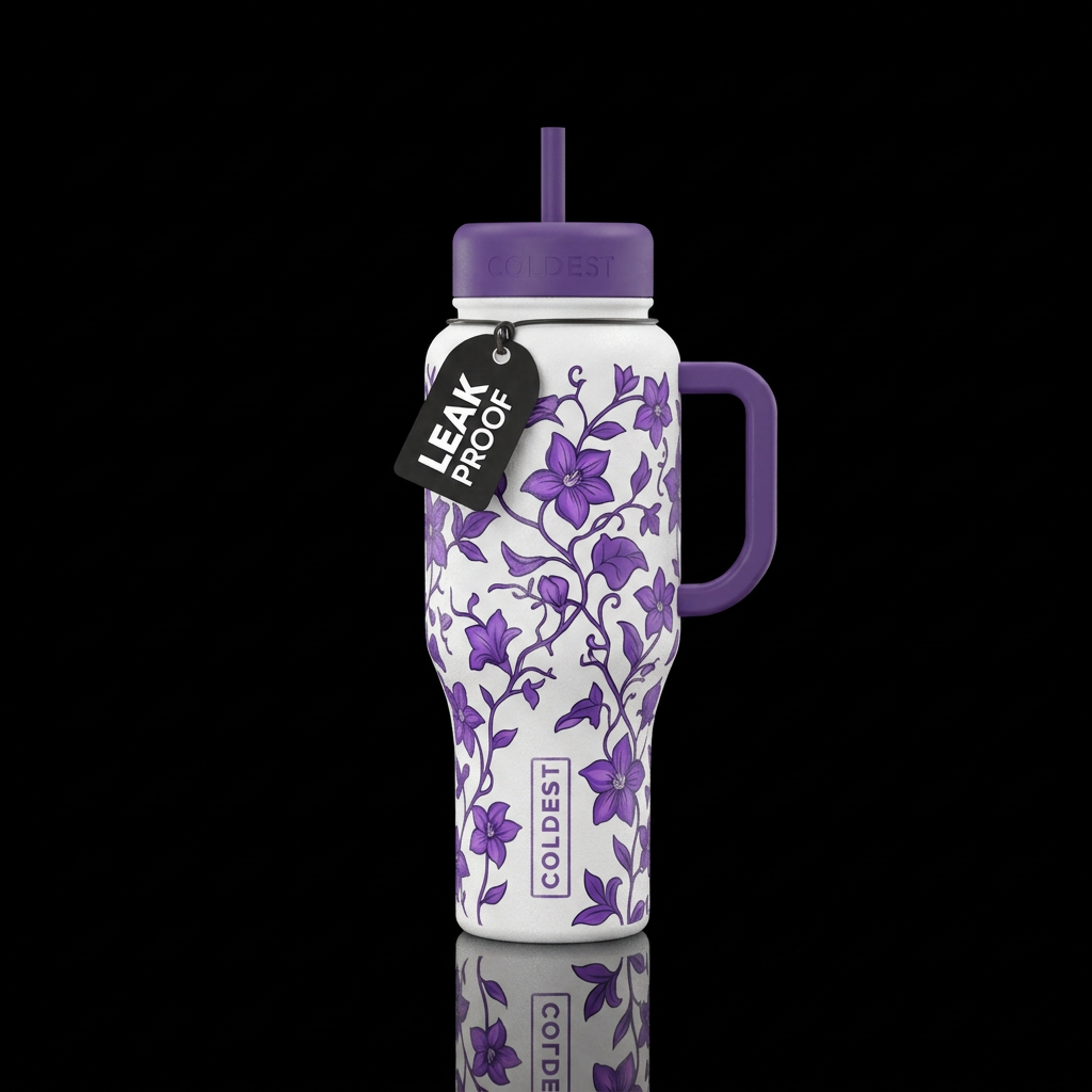 Textured white cup with climbing purple happy jack... water bottle design
