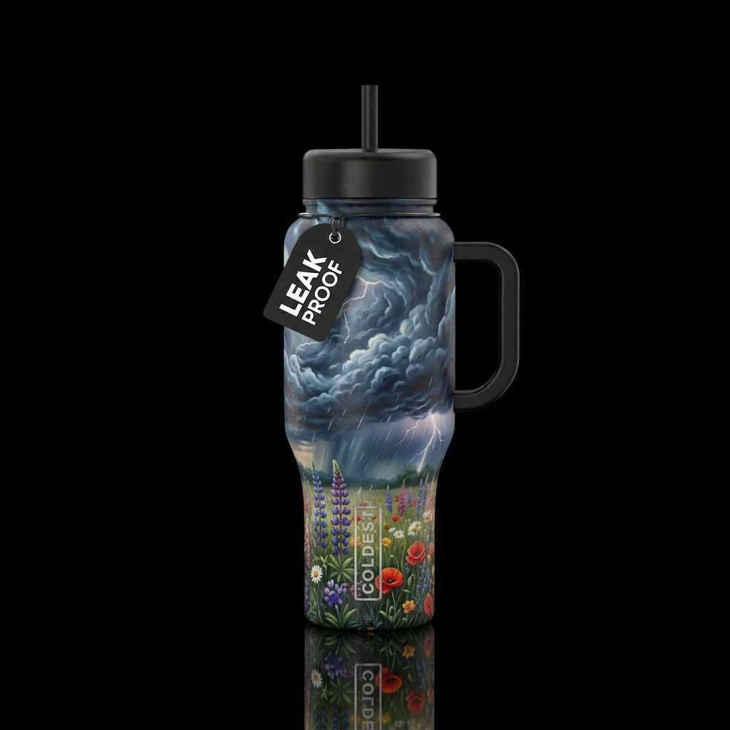 Textured thunderstorm with rain falling on wildflo... water bottle design