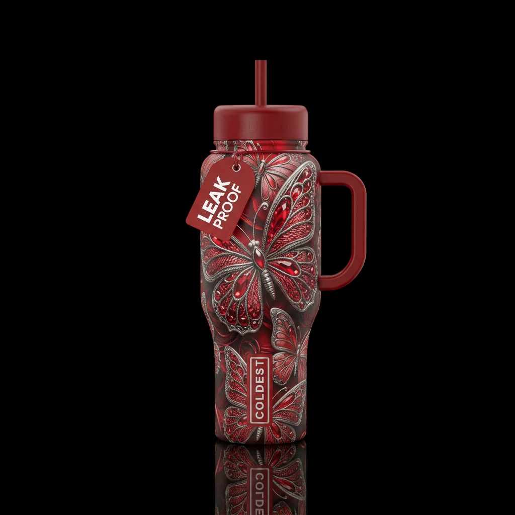 Textured red silver butterfly water bottle design