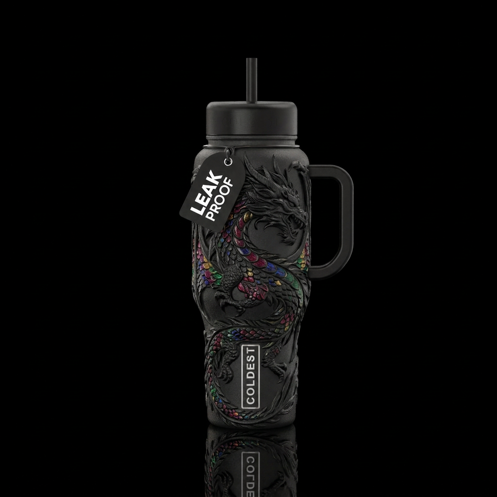 Textured black dragon water bottle design