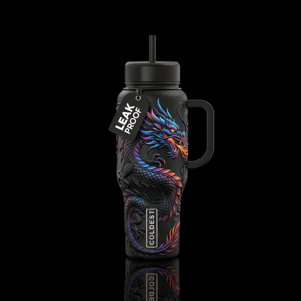 Textured black dragon water bottle design
