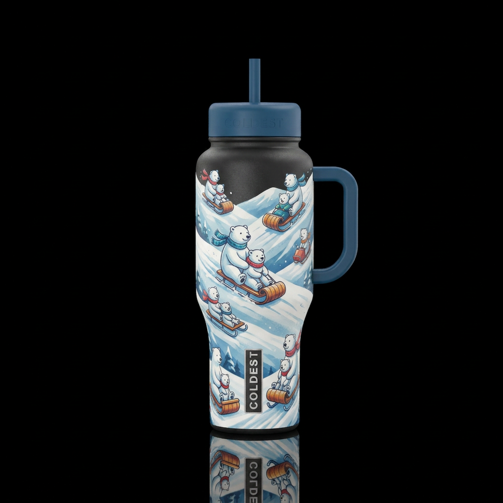 Polar bear families sledding at sledding hill water bottle design