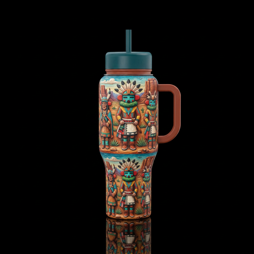 Textured Katchina dolls southwest background water bottle design