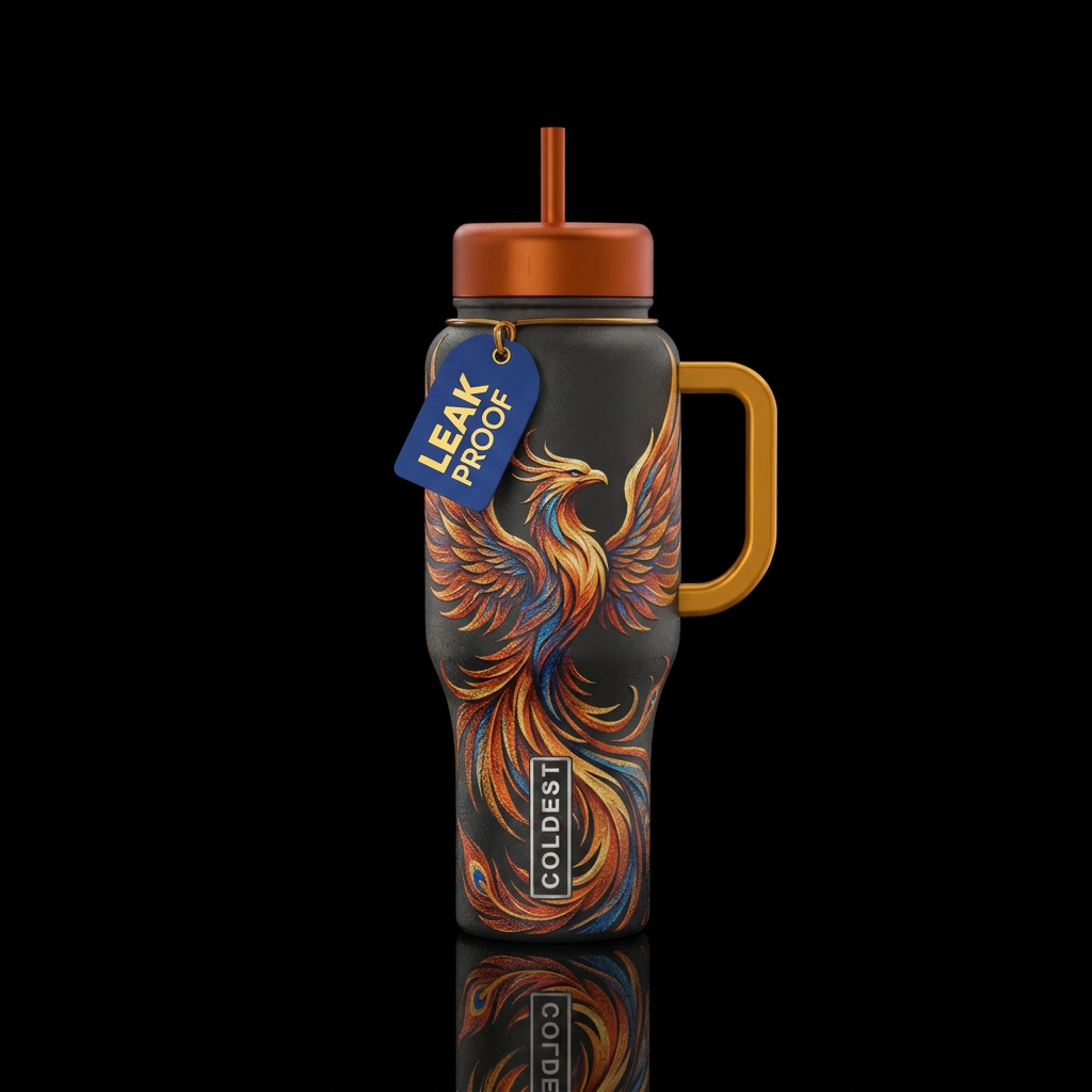 Textured rising phoenix water bottle design