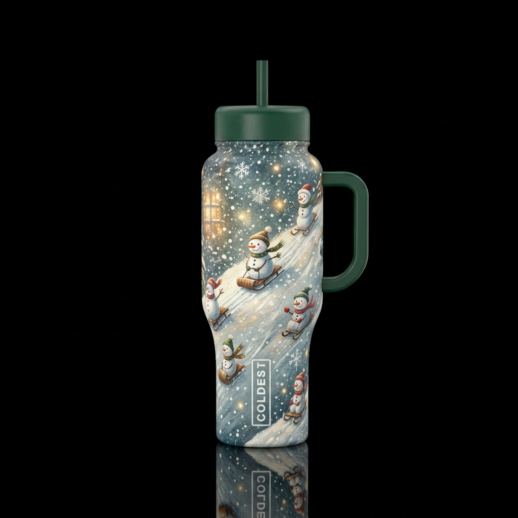 Textured sledding little snowmen down sledding hil... water bottle design