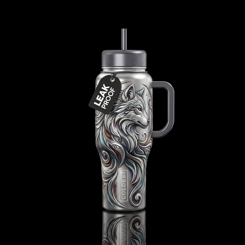Textured silver wolf spirit water bottle design