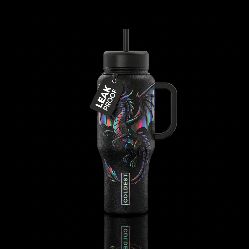 Textured black dragon in flight holographic water bottle design