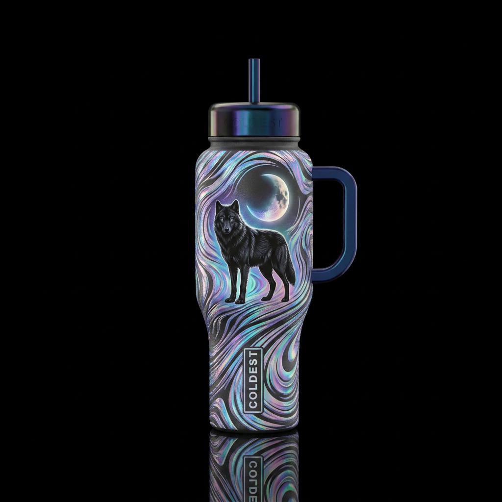 Textured holographic swirls with moon behind full ... water bottle design