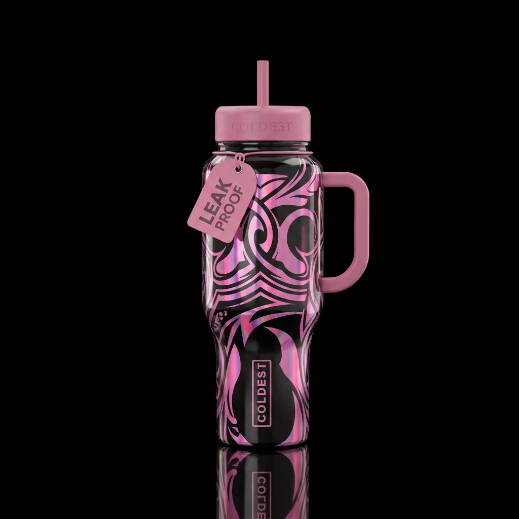 Black cup with pink holographic designs water bottle design