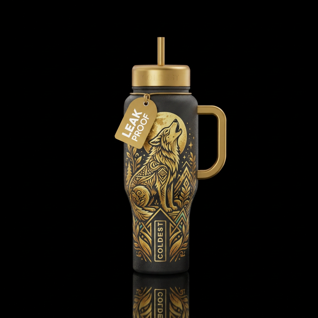 Textured golden wolf howling water bottle design