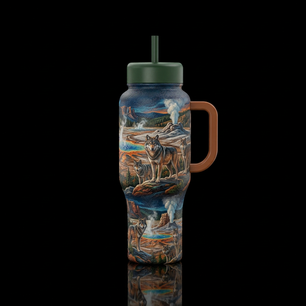 Textured Yellowstone wolf pack water bottle design