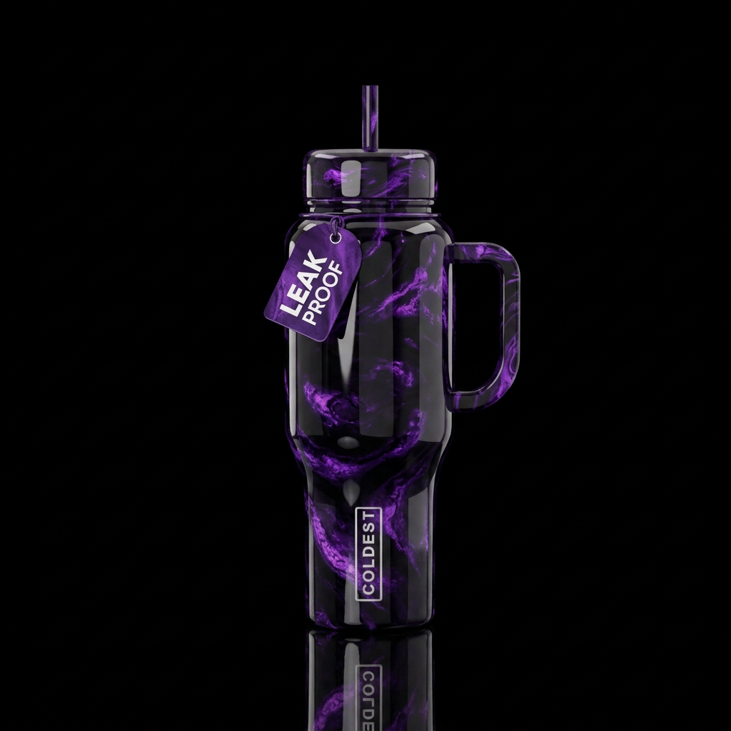 Shiny black cup with bright purple embedded in it water bottle design