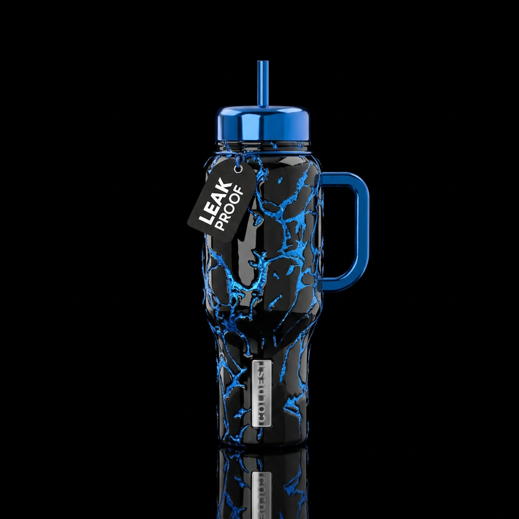 Shiny black cup with bright shiny blue embedded in... water bottle design
