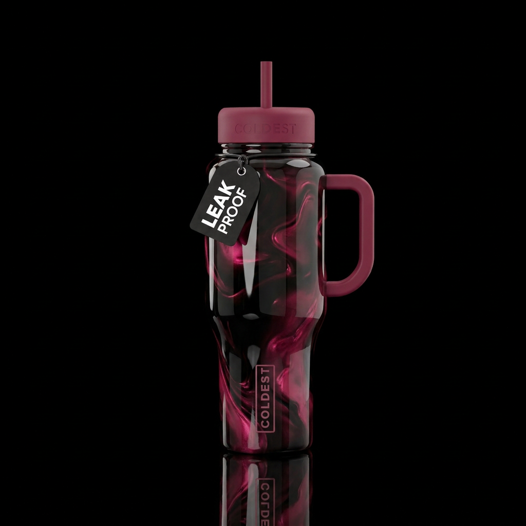 Shiny black cup with shiny raspberry color embedde... water bottle design