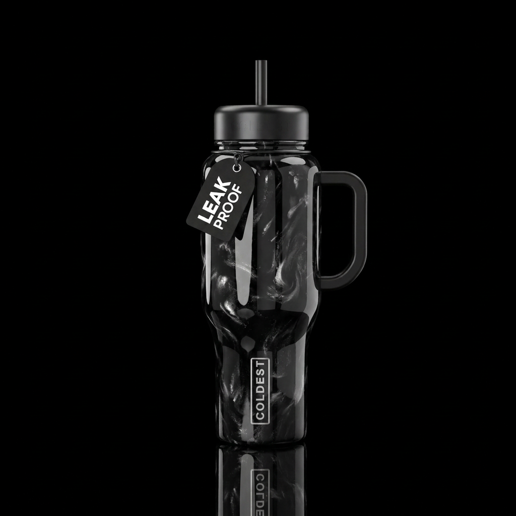 Shiny black cup with pearly white embedded in water bottle design