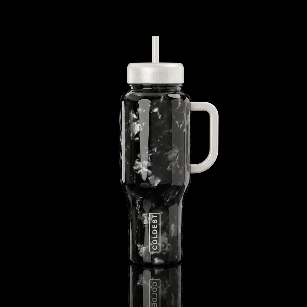 Shiny black cup with pearly white embedded in water bottle design