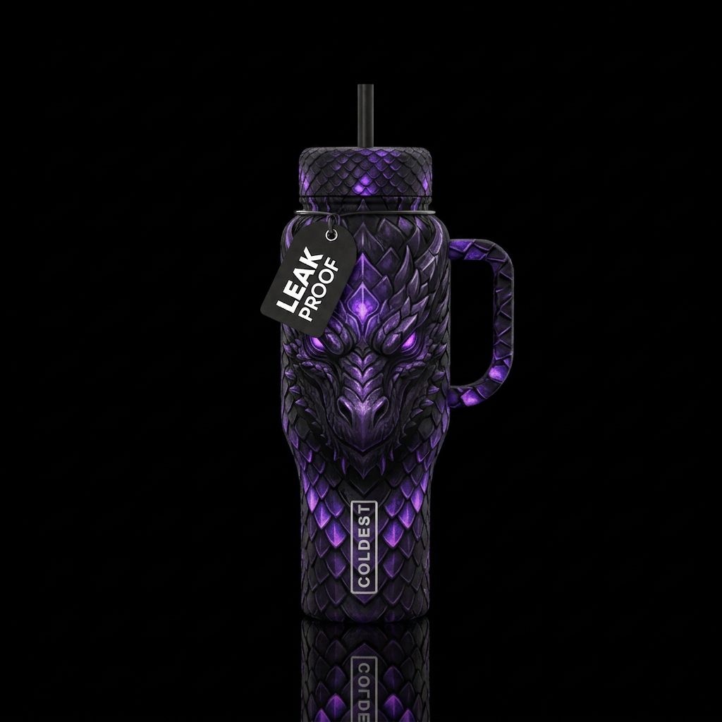 Textured glowie purple and black dragon face made ... water bottle design